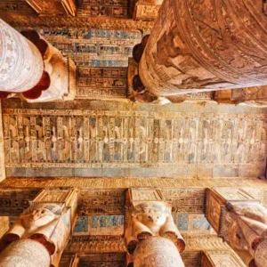 Ancient columns inside the Temple of Hathor at Dendera