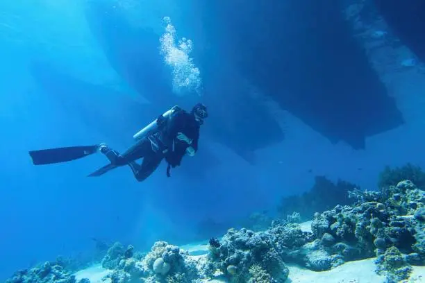 Professional diving instructor giving safety briefing before Red Sea dive